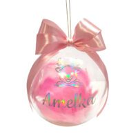 Bombka różowa holograficzna z imieniem dla dziewczynki z grafiką renifera
