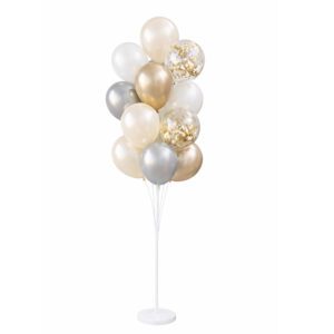 Stojak na balony 160 cm z neutralnymi balonami w kolorach bieli, złota i srebra na białym tle